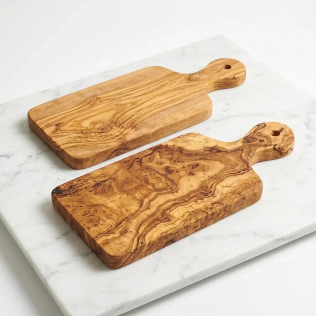 Deux planches en bois d'olivier de 29 cm disposées en duo sur marbre blanc