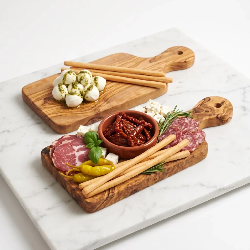 Duo de planches en bois d'olivier CB-07S2 garnies de mozzarella, grissini et tomates séchées