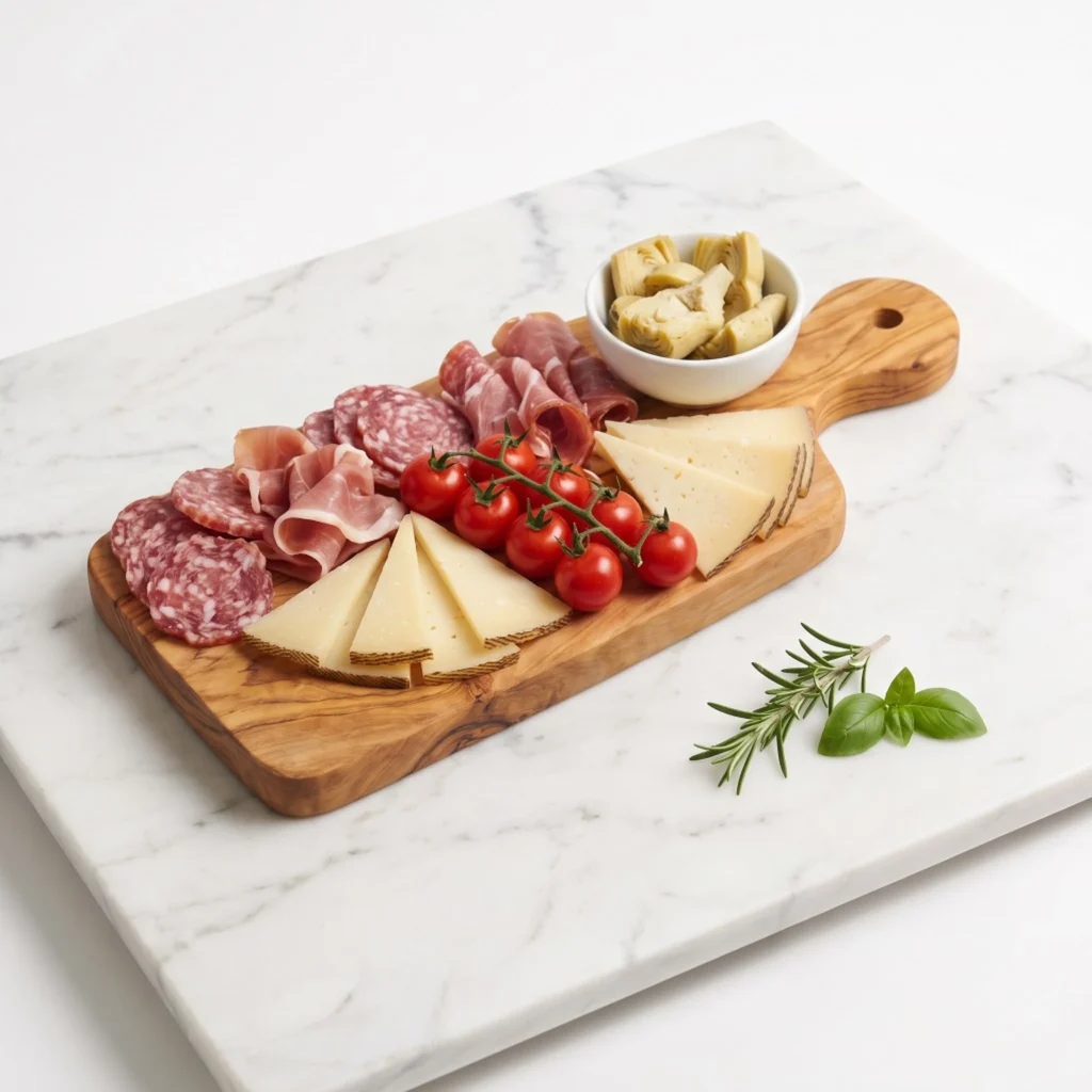 Planche en bois d’olivier garnie de charcuterie, fromages et tomates cerises