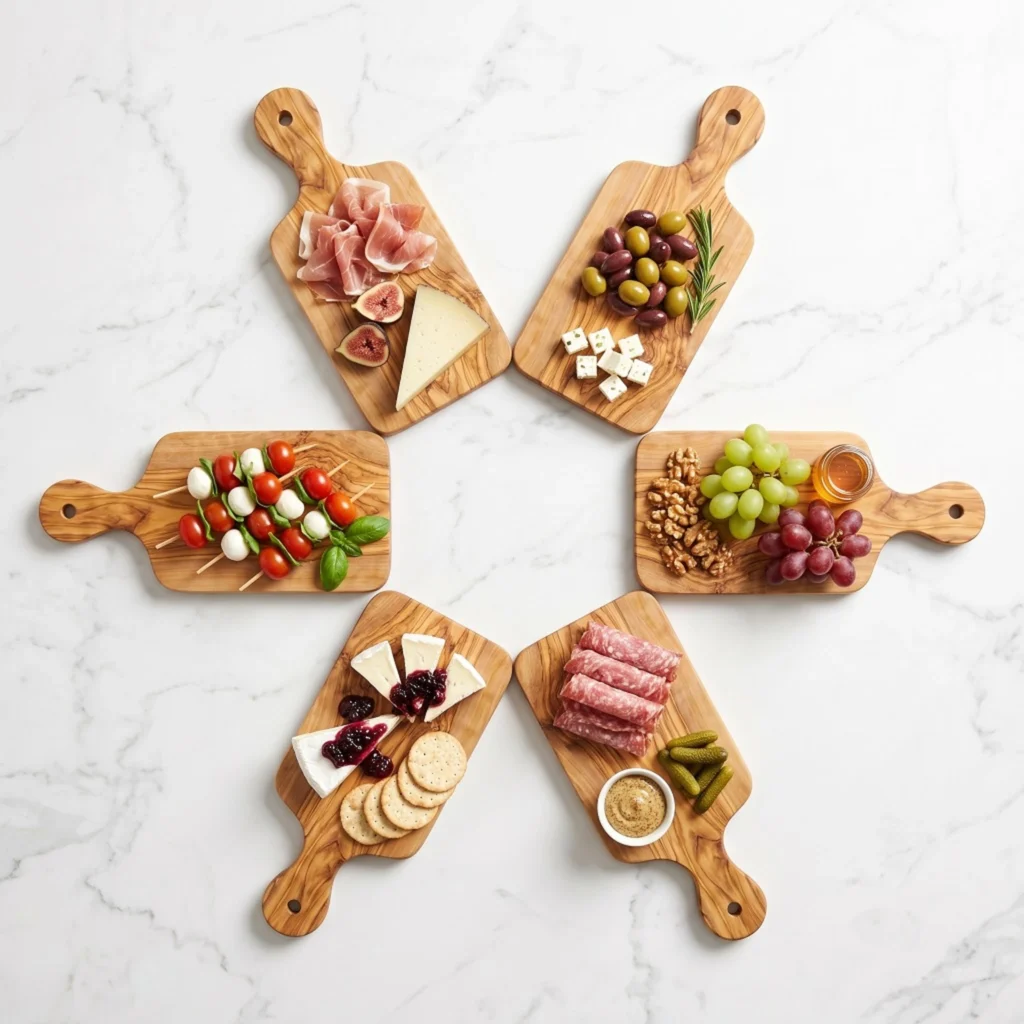 Six planches en bois d’olivier garnies pour l’apéritif et disposées en cercle