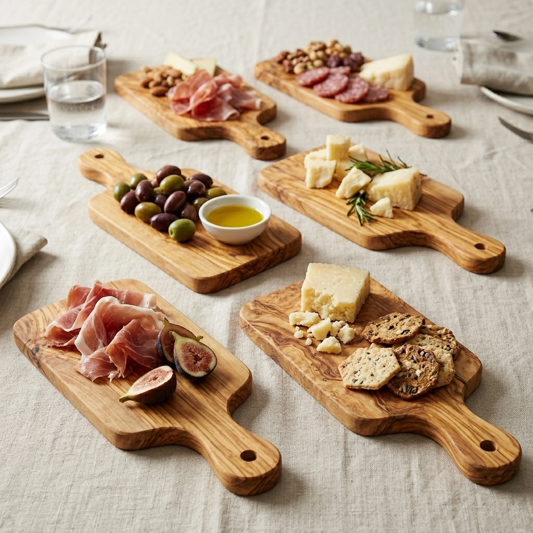 Six planches en bois d’olivier garnies de tapas sur une table dressée
