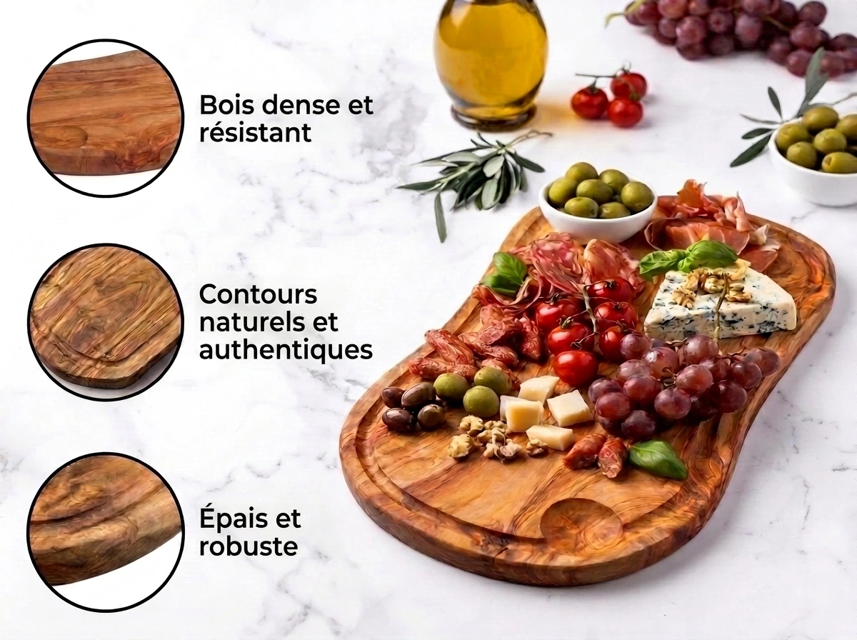 Infographie présentant la densité, les contours naturels et la robustesse du bois d'olivier