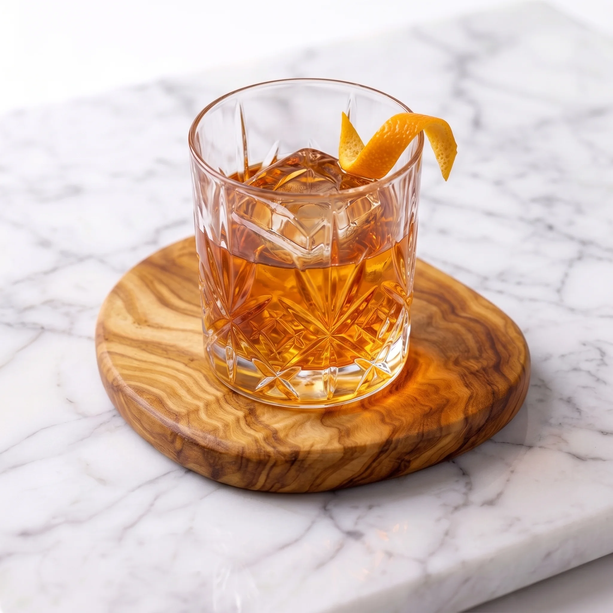 Aperitif glass placed on an olive wood coaster
