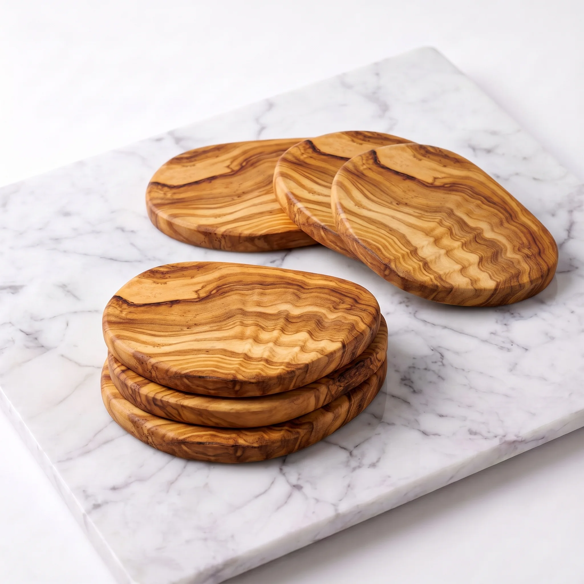 Six olive wood coasters arranged on a marble background