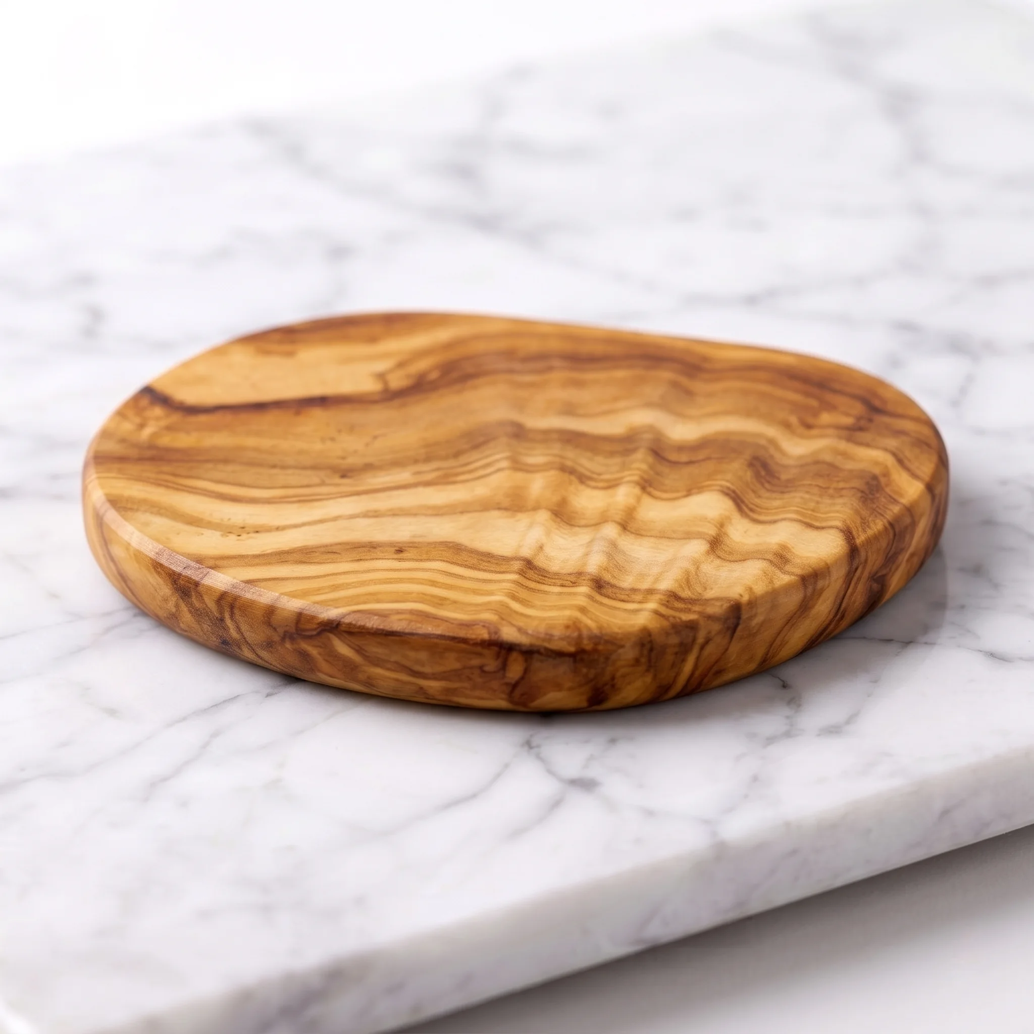 Olive wood coaster in a close studio view