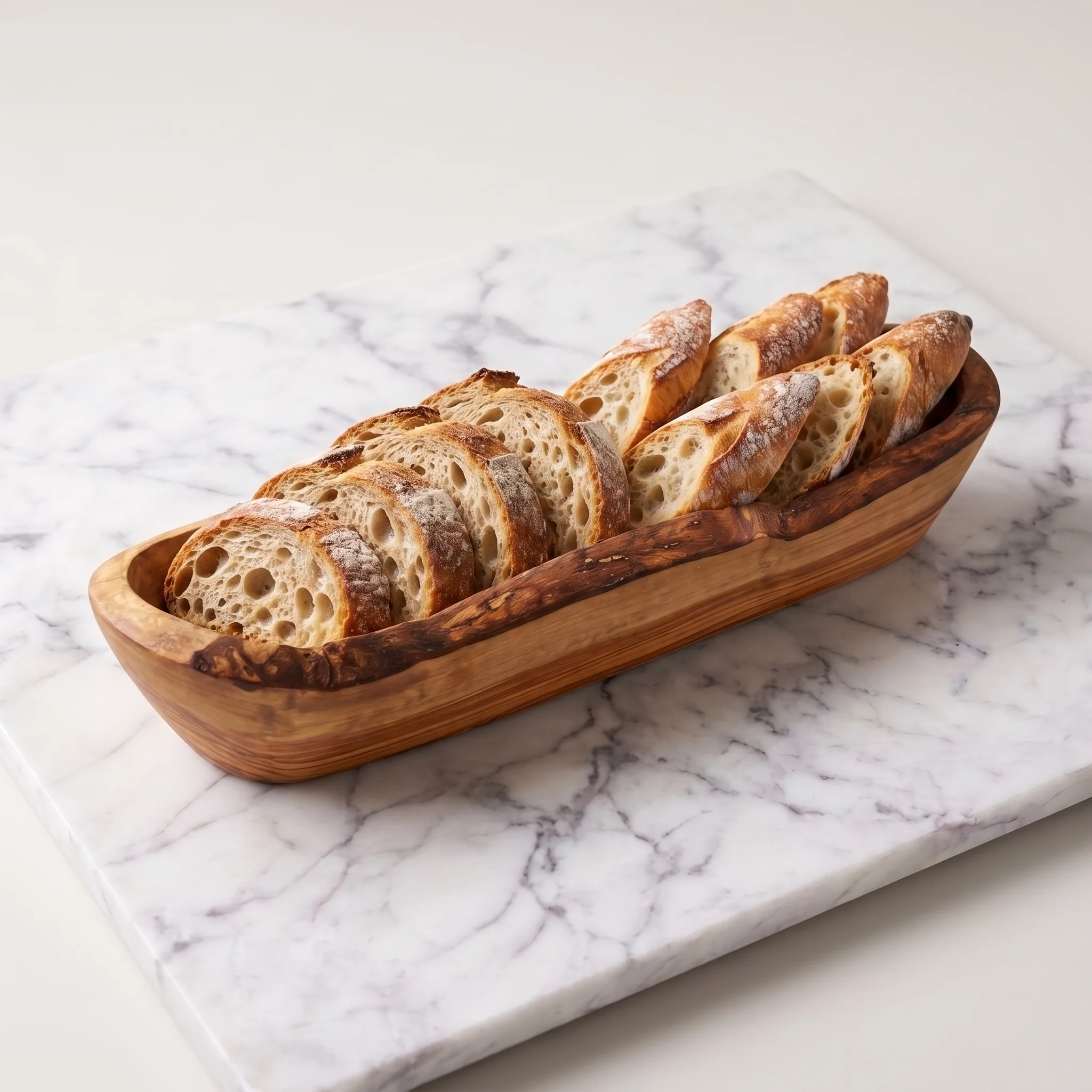 Olive wood bread basket filled with sliced bread