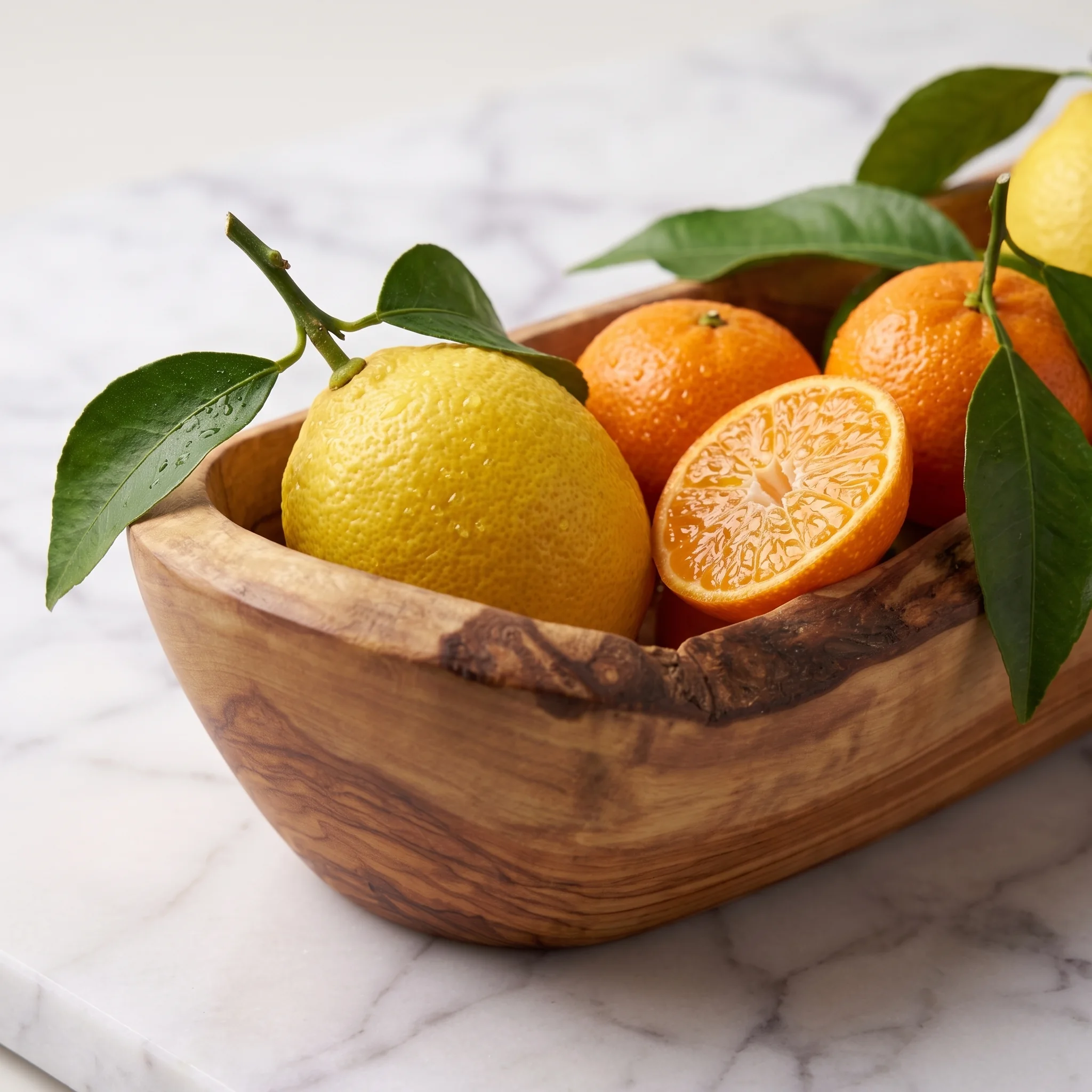 Olive wood fruit bowl filled with fresh citrus fruit