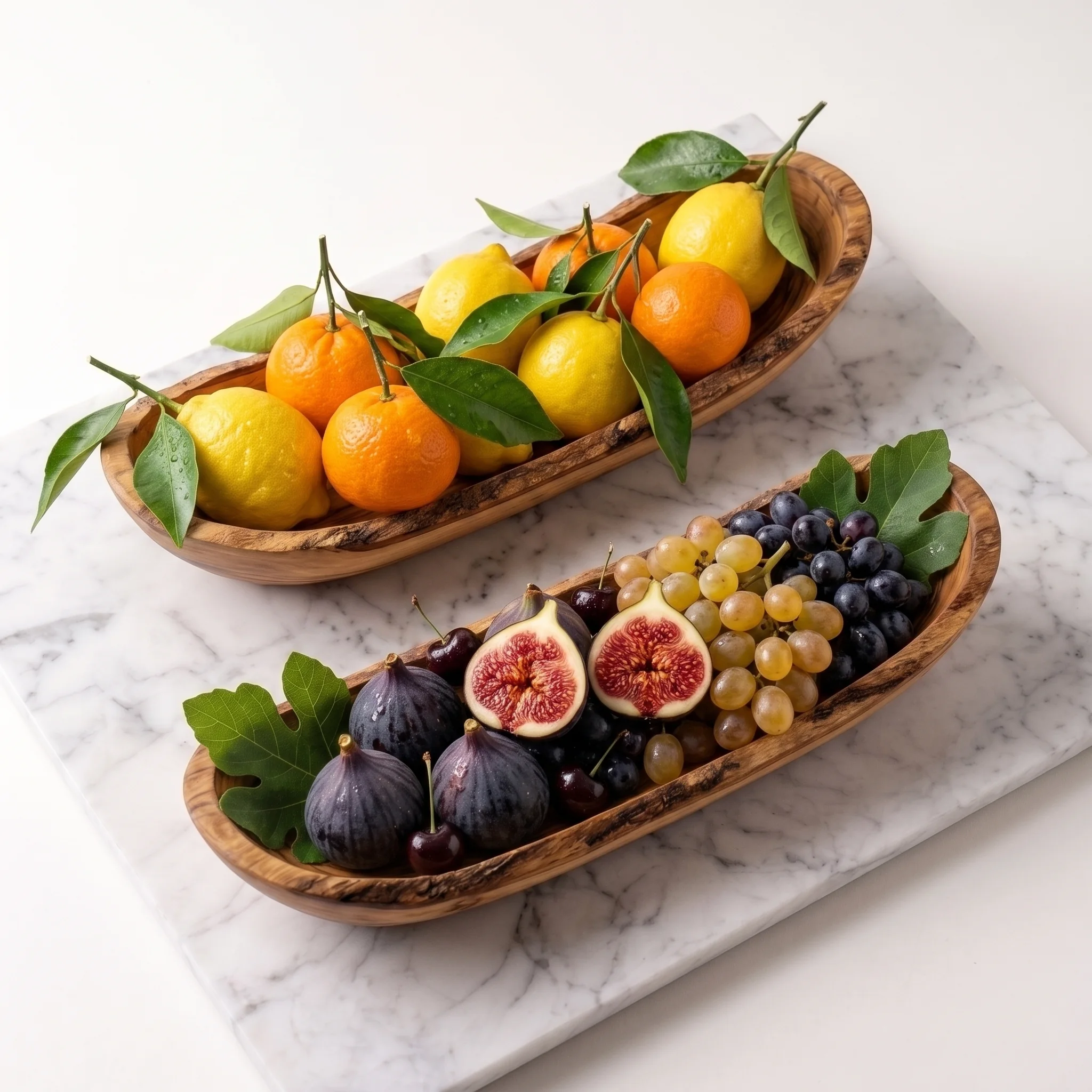 Two olive wood fruit bowls filled with citrus fruit, figs and grapes