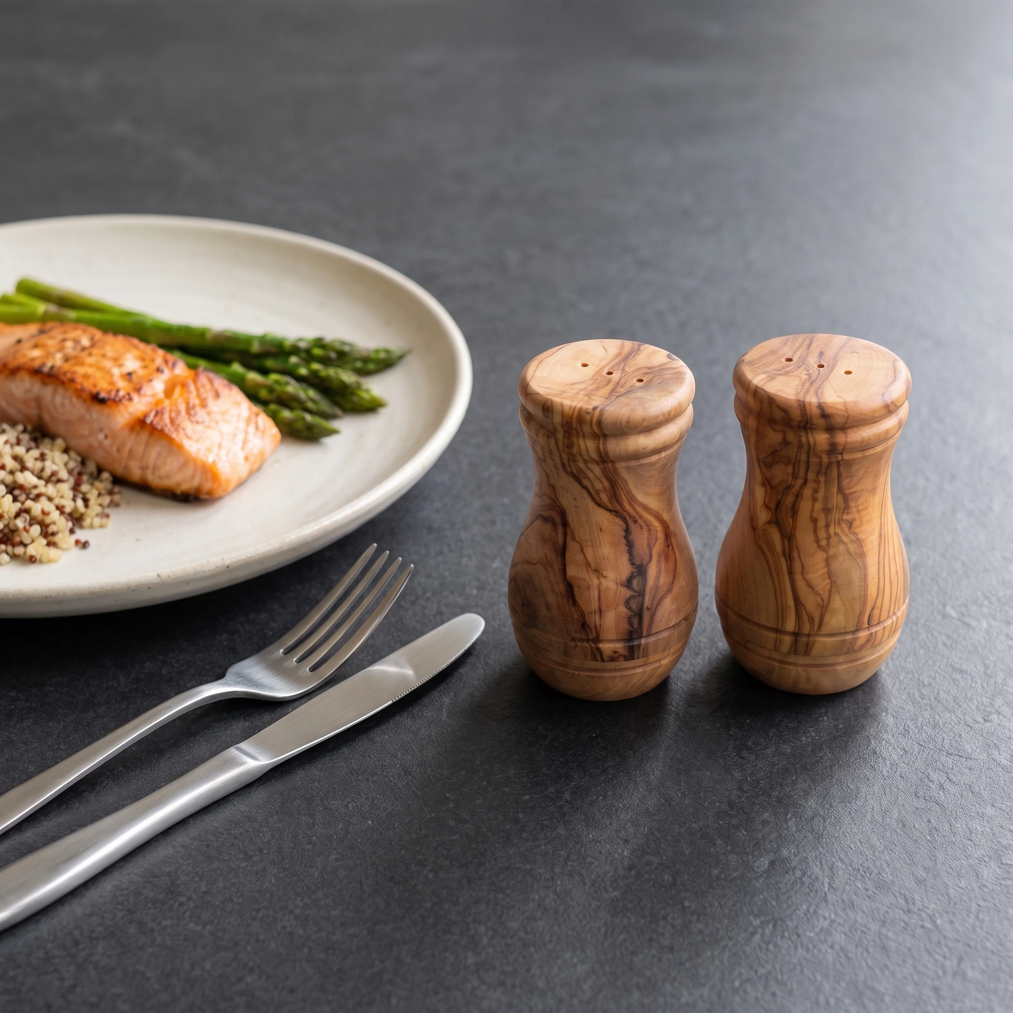 Olive wood salt and pepper shaker pair with three aligned holes on a contemporary table