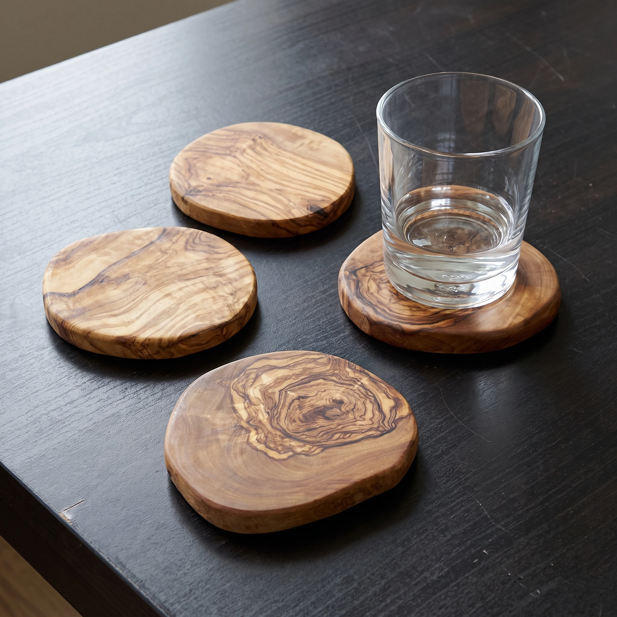 Four olive wood coasters with a glass of water on a dark table