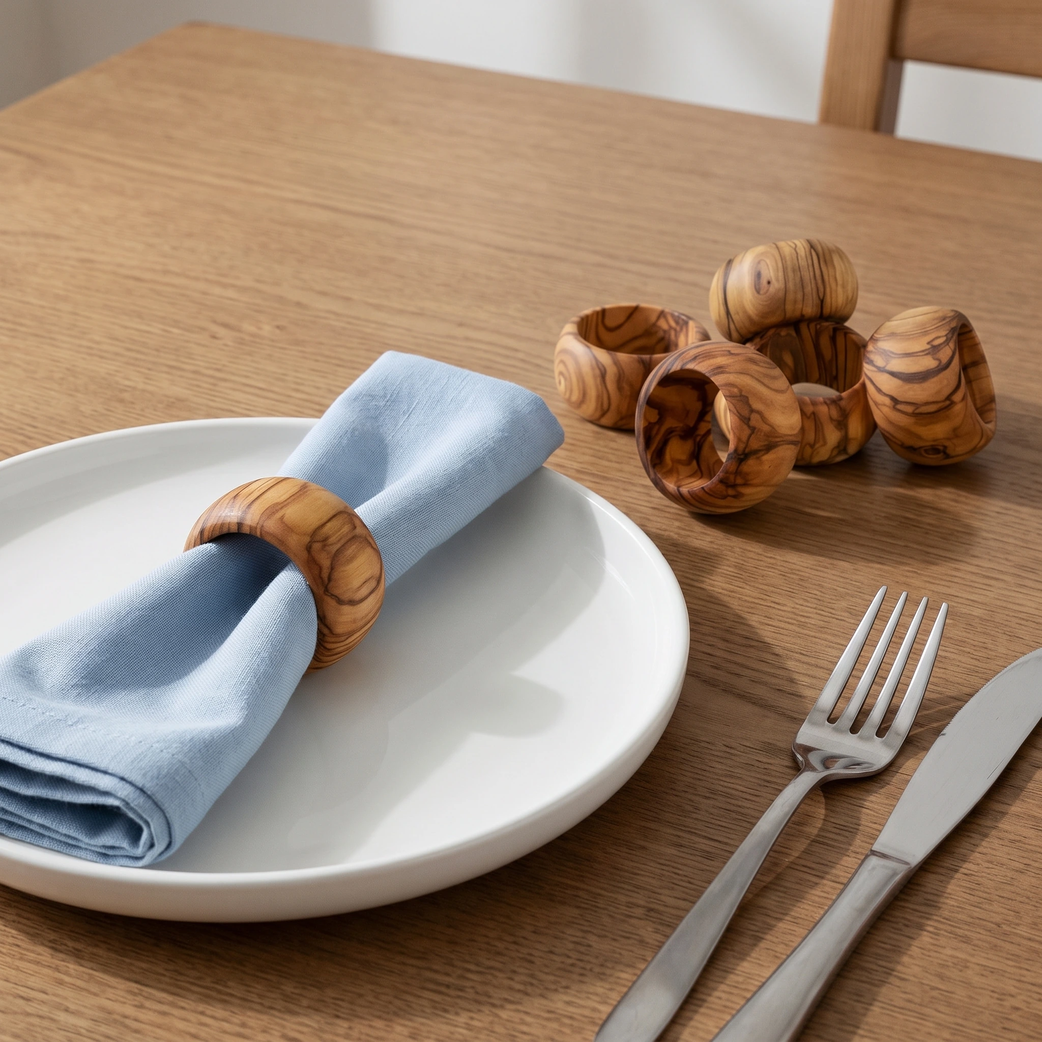 Six olive wood napkin rings in a simple everyday place setting