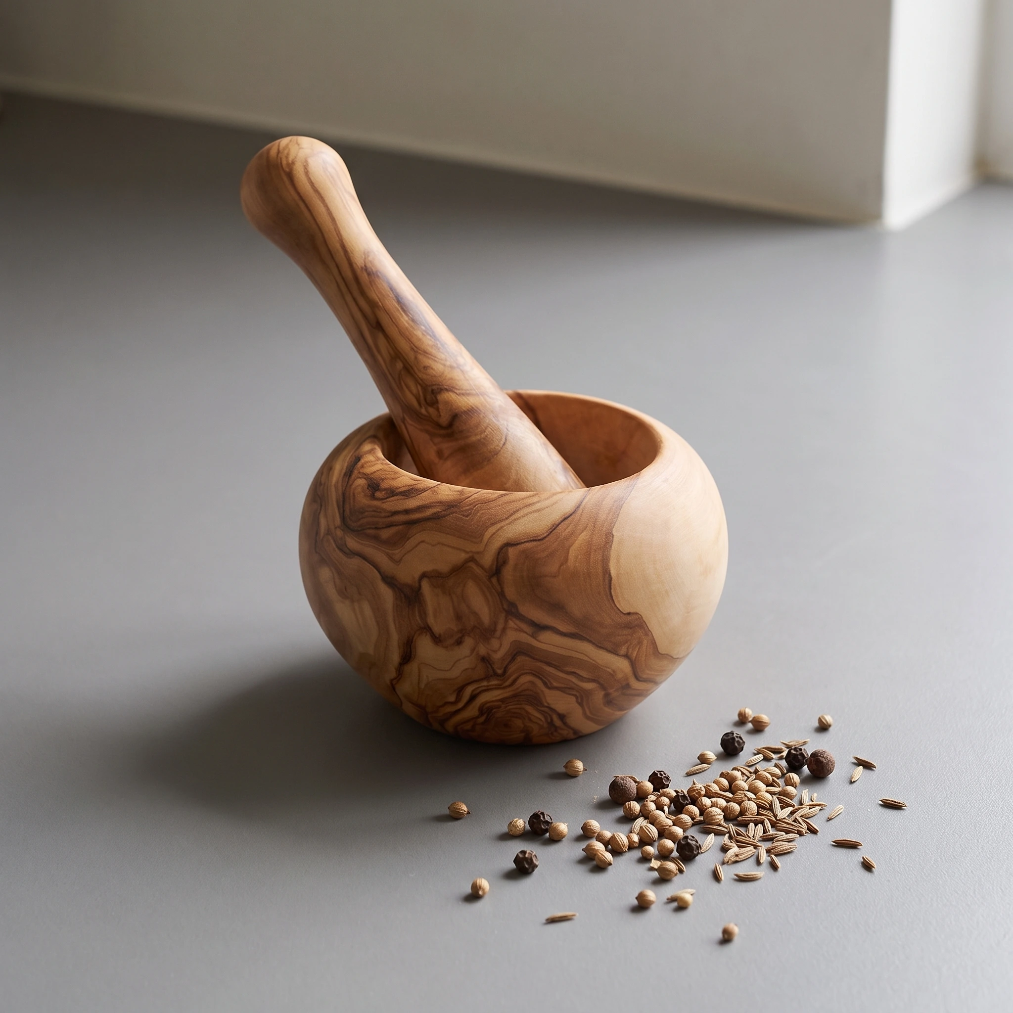 Olive wood mortar and pestle with spices on a grey kitchen worktop