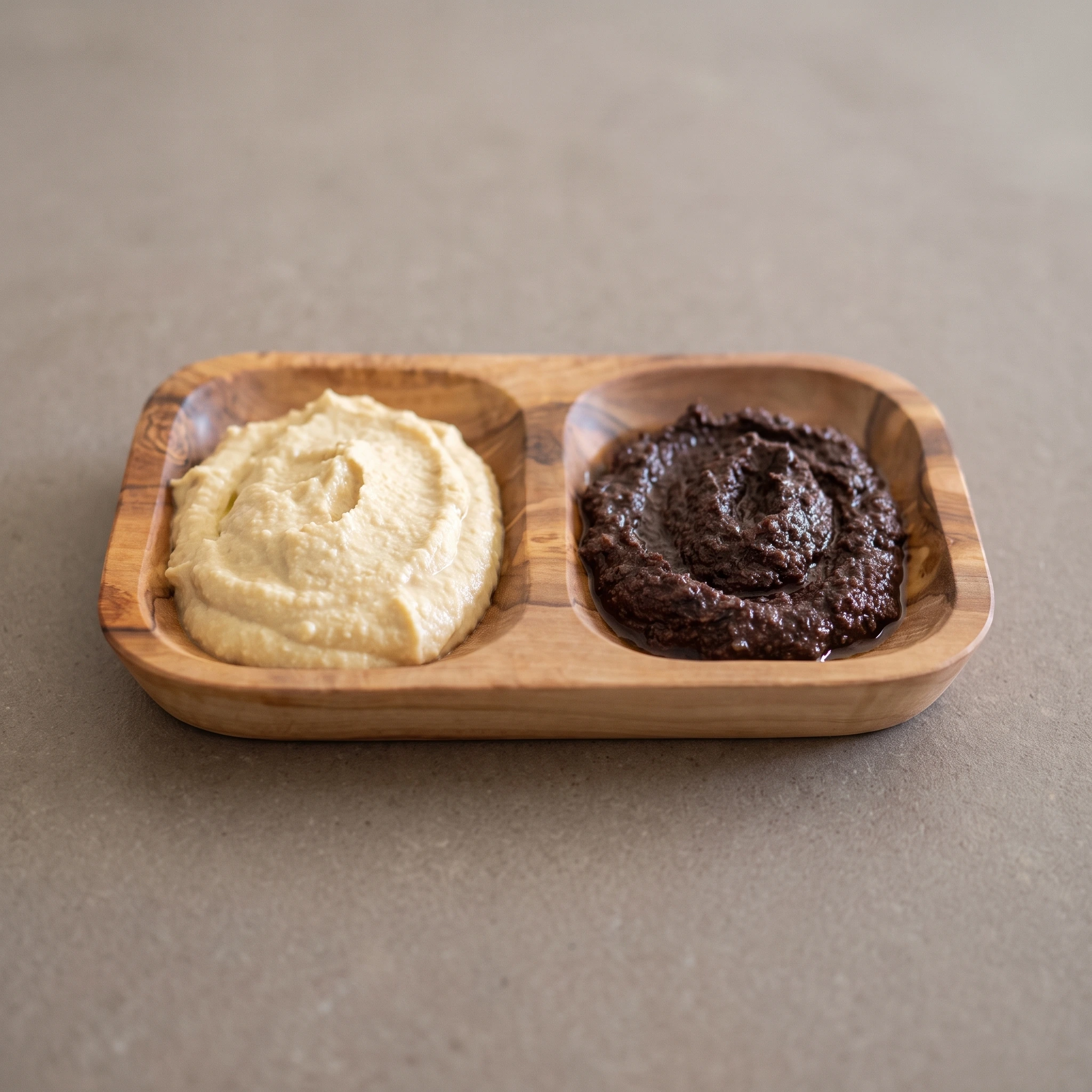 Two-compartment olive wood serving tray with hummus and tapenade