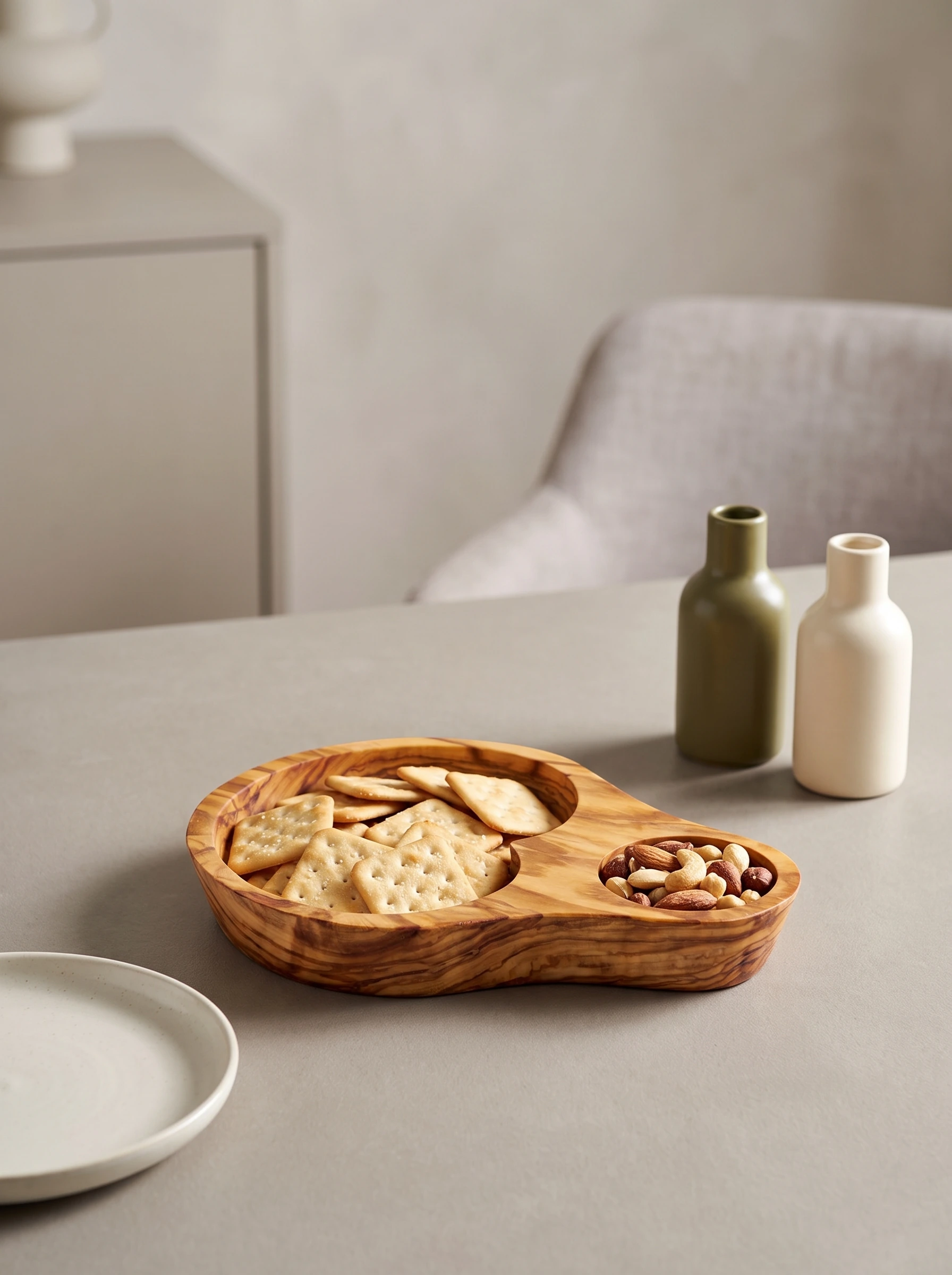 Two-compartment olive wood serving dish with crackers and nuts on a contemporary table