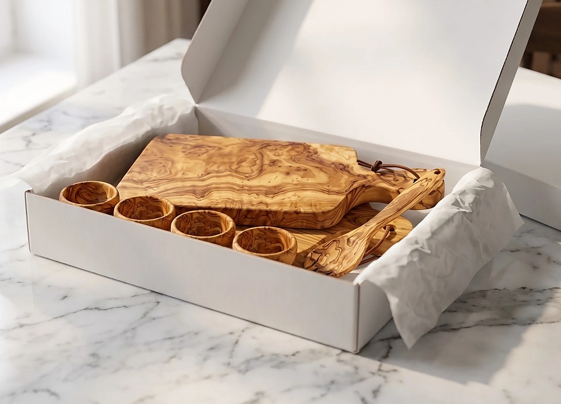 Coffret cadeau prestige en bois d'olivier massif Oricrafts prêt à offrir