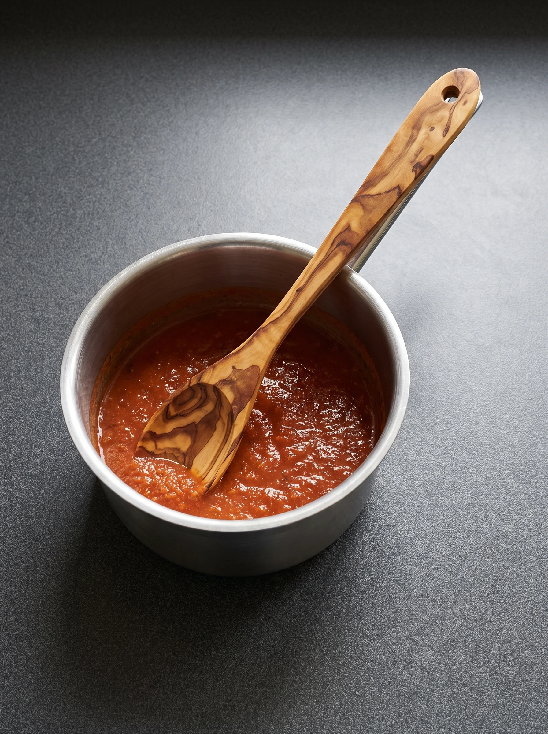 Olive wood spoon in a bowl of tomato sauce