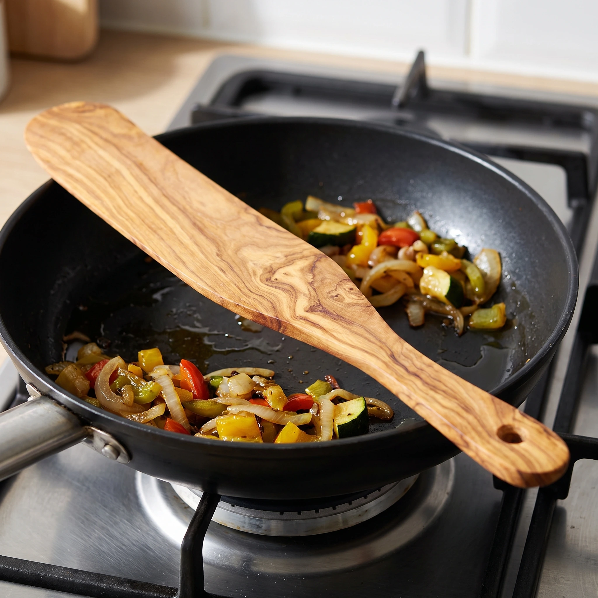Spatule en bois d’olivier dans une poêle contenant des légumes