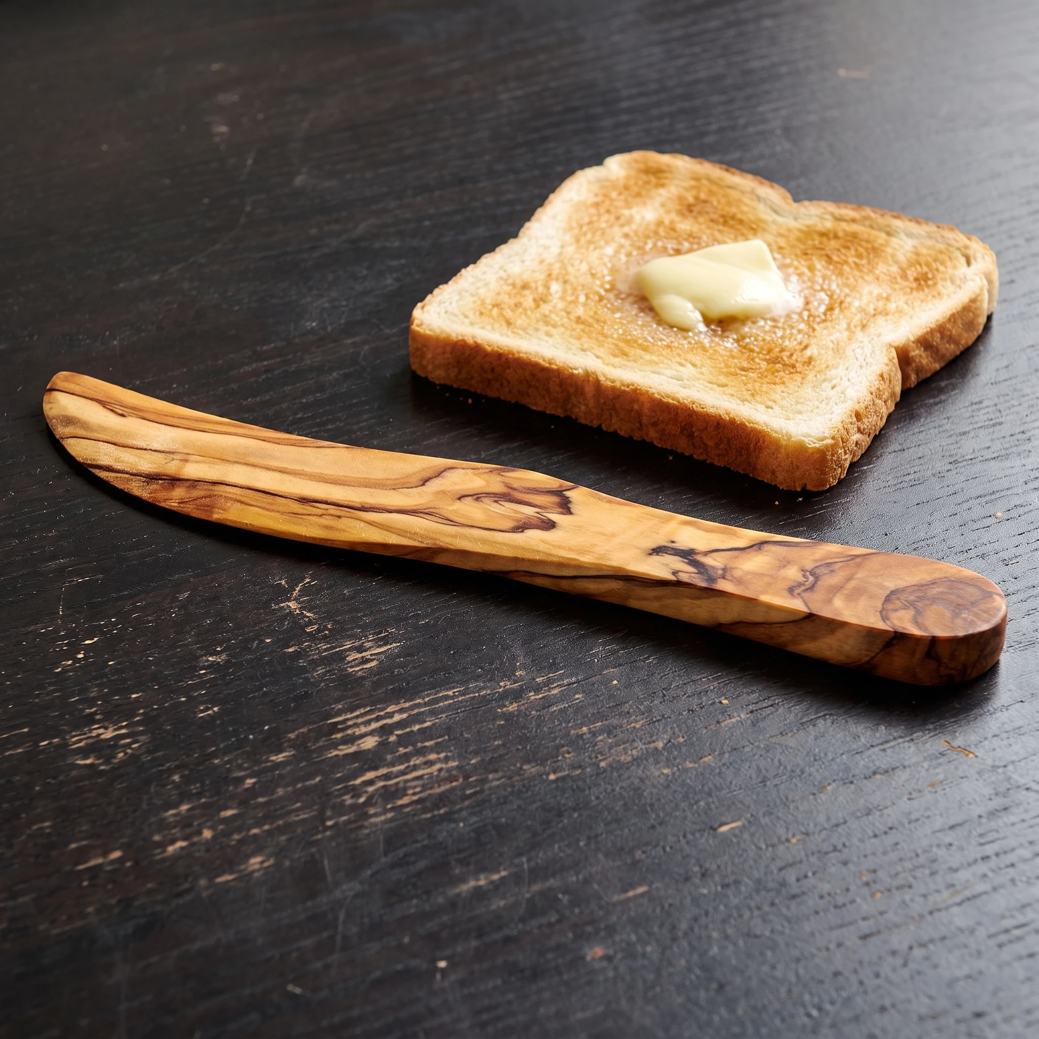 Tartineur en bois d’olivier posé devant une tranche de pain beurrée
