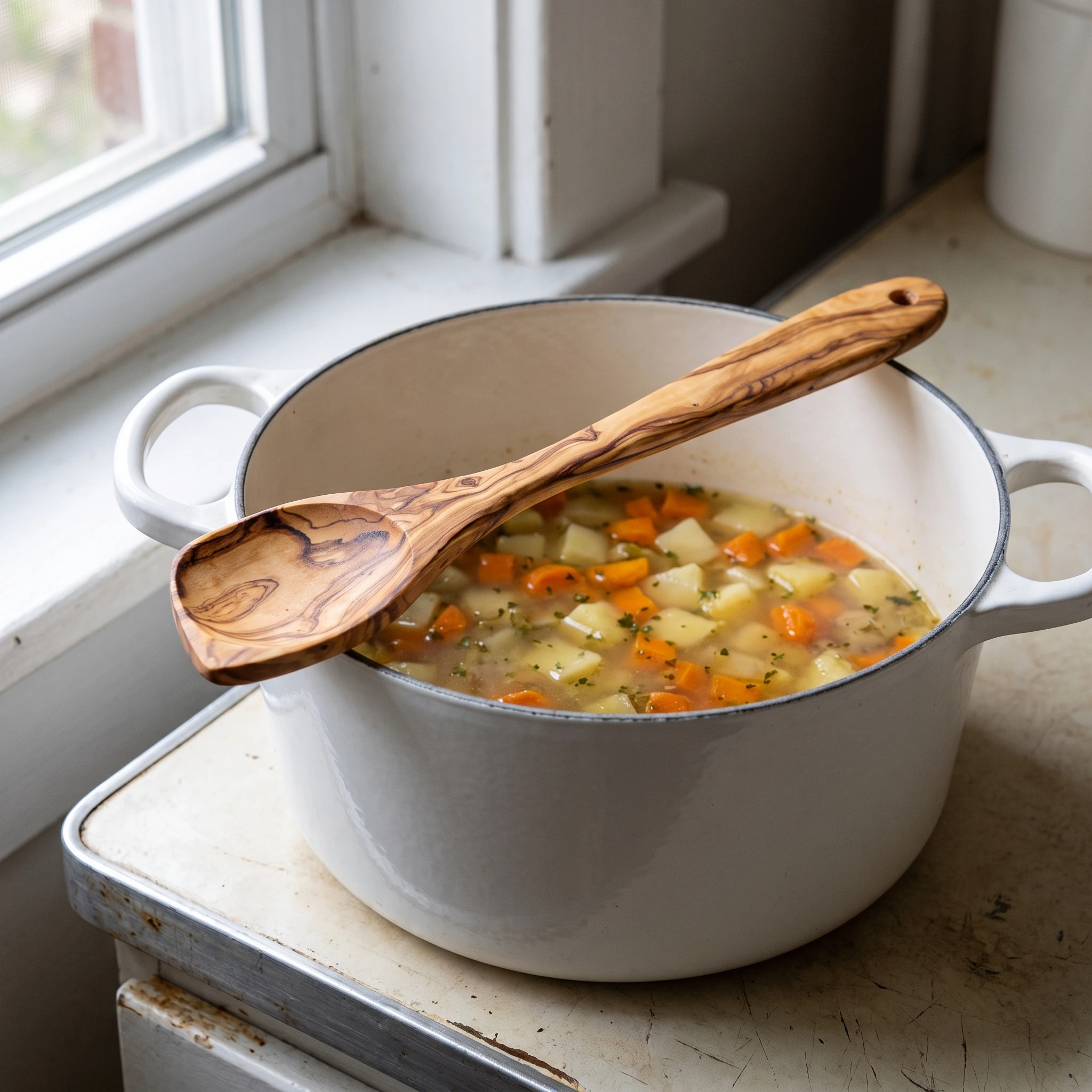 Cuillère en bois d’olivier sur une casserole de soupe aux légumes
