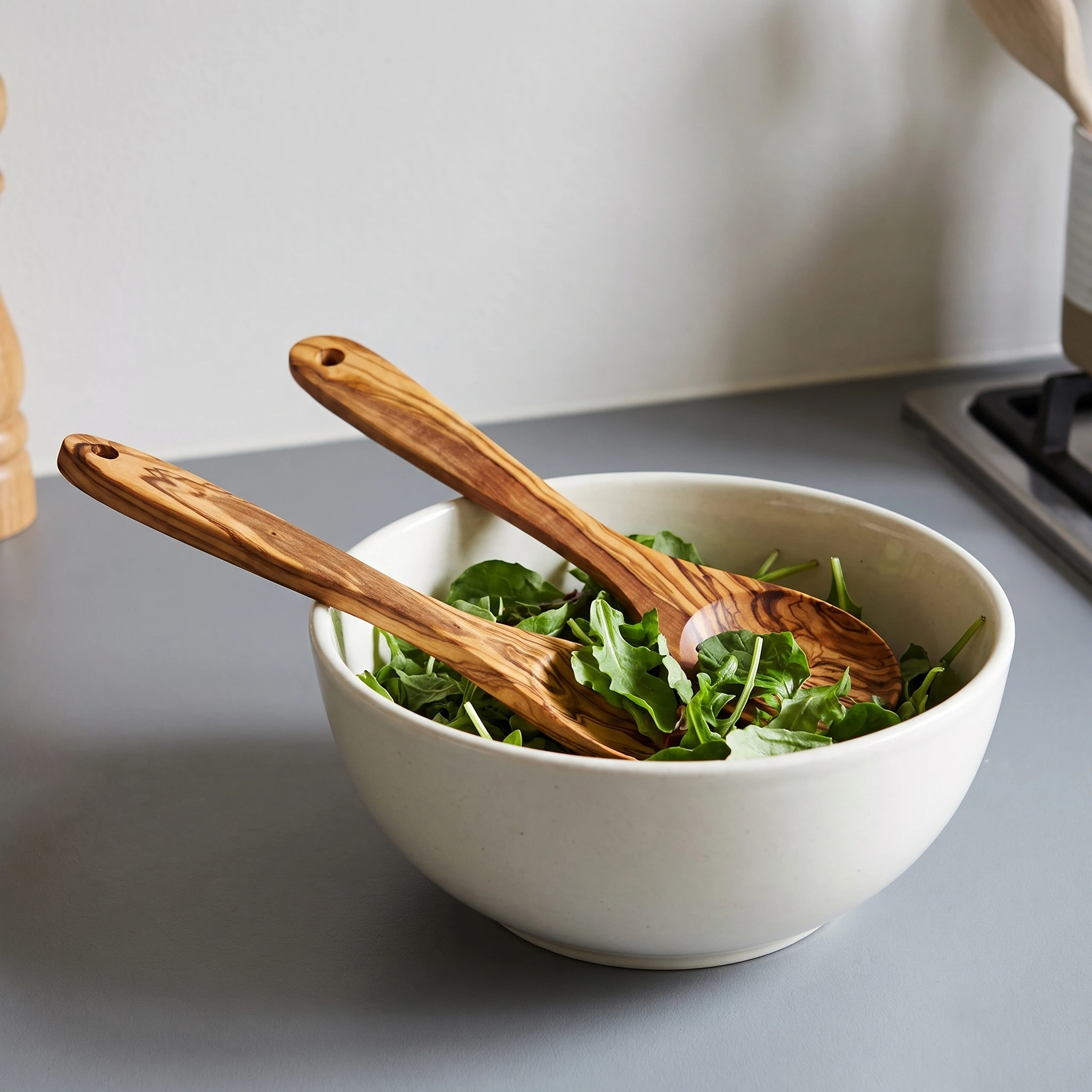 Olive wood salad servers in a salad bowl