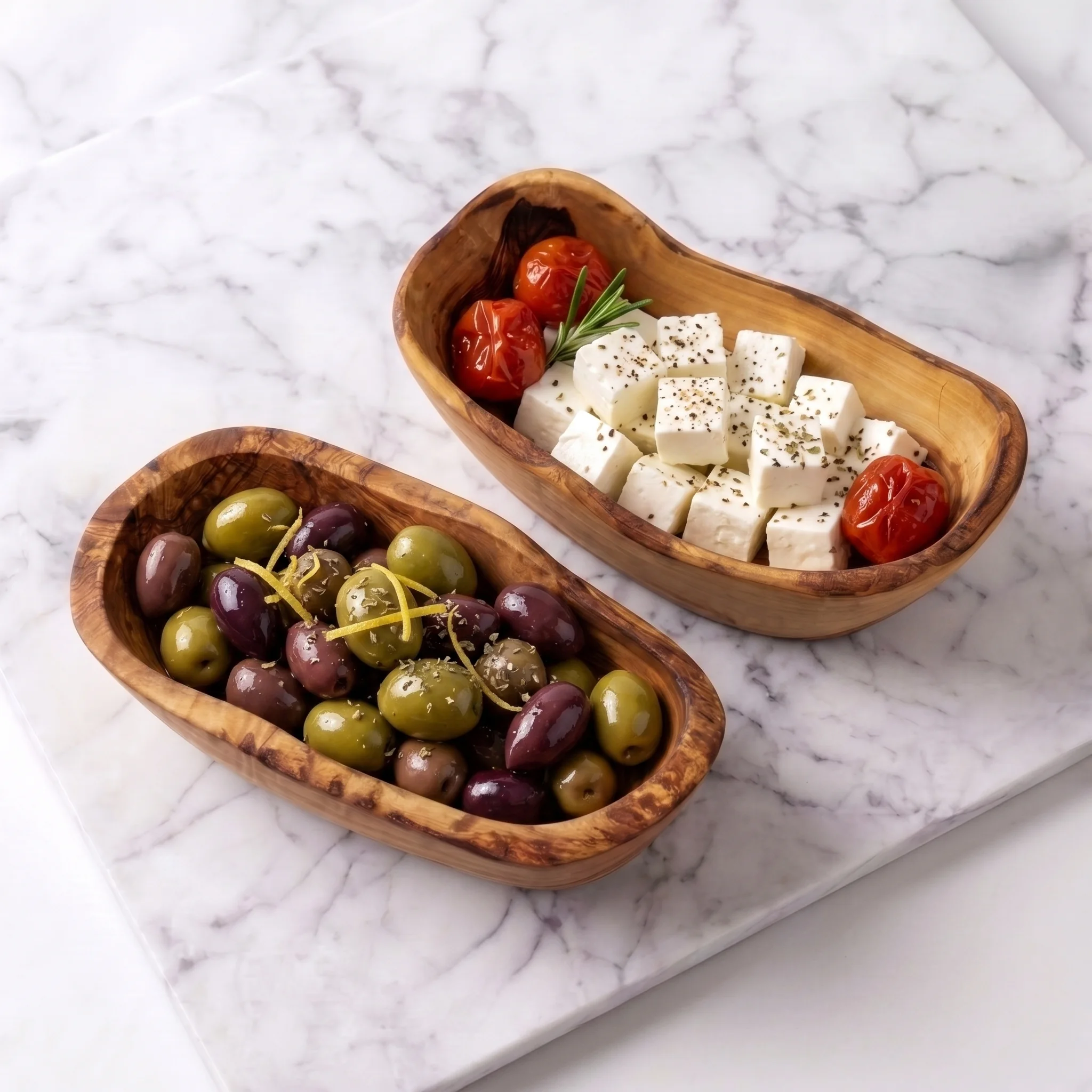 Two olive wood tapas bowls filled with olives and feta on light marble