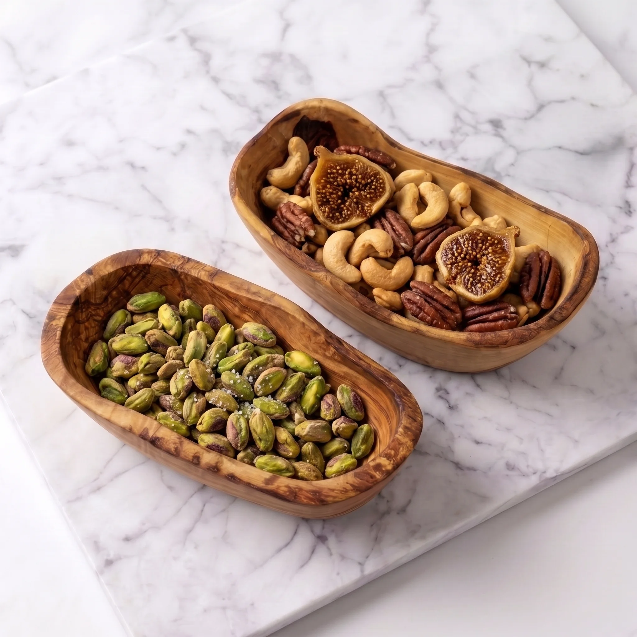 Two olive wood tapas bowls filled with assorted nuts and dried fruit