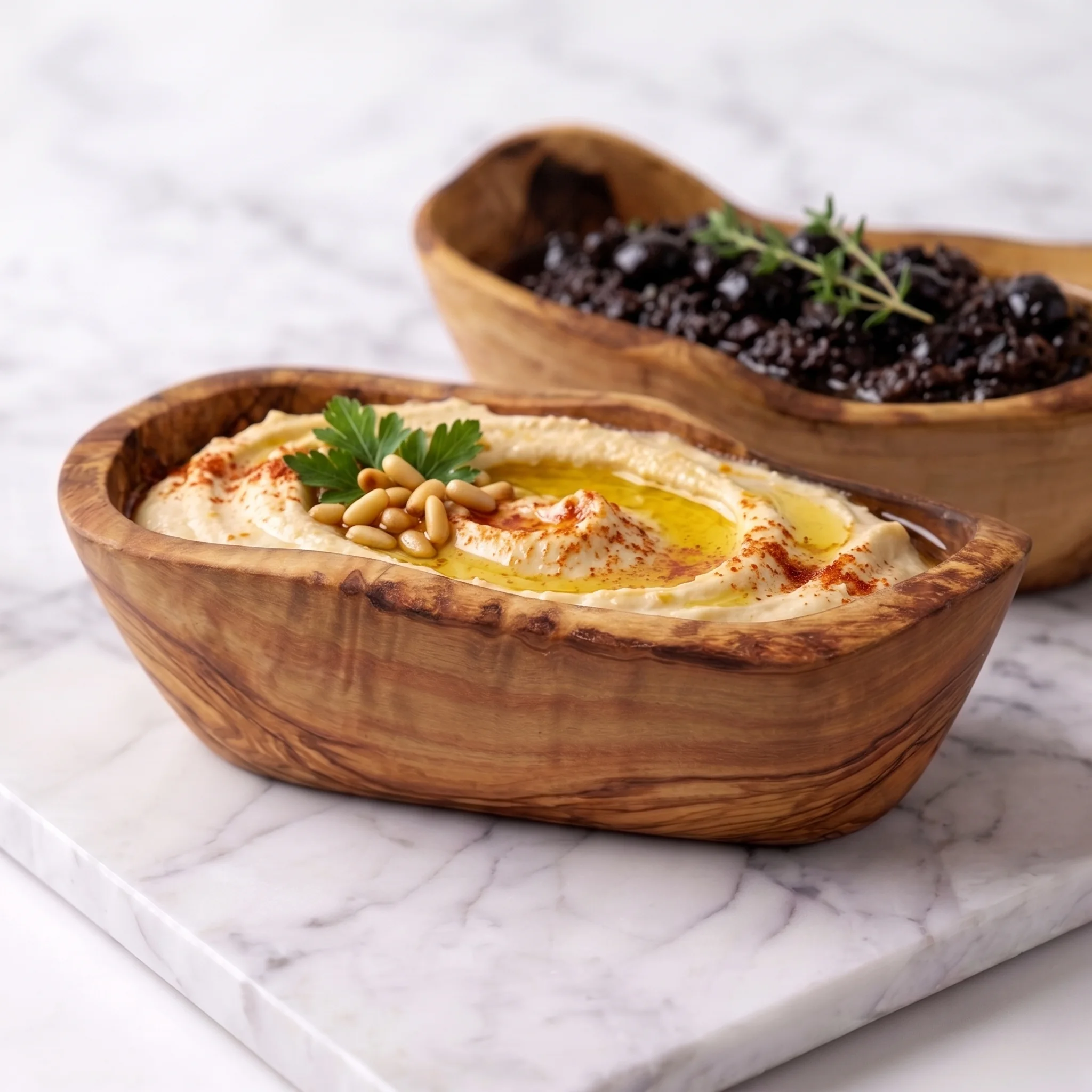 Two olive wood tapas bowls serving hummus and black olives