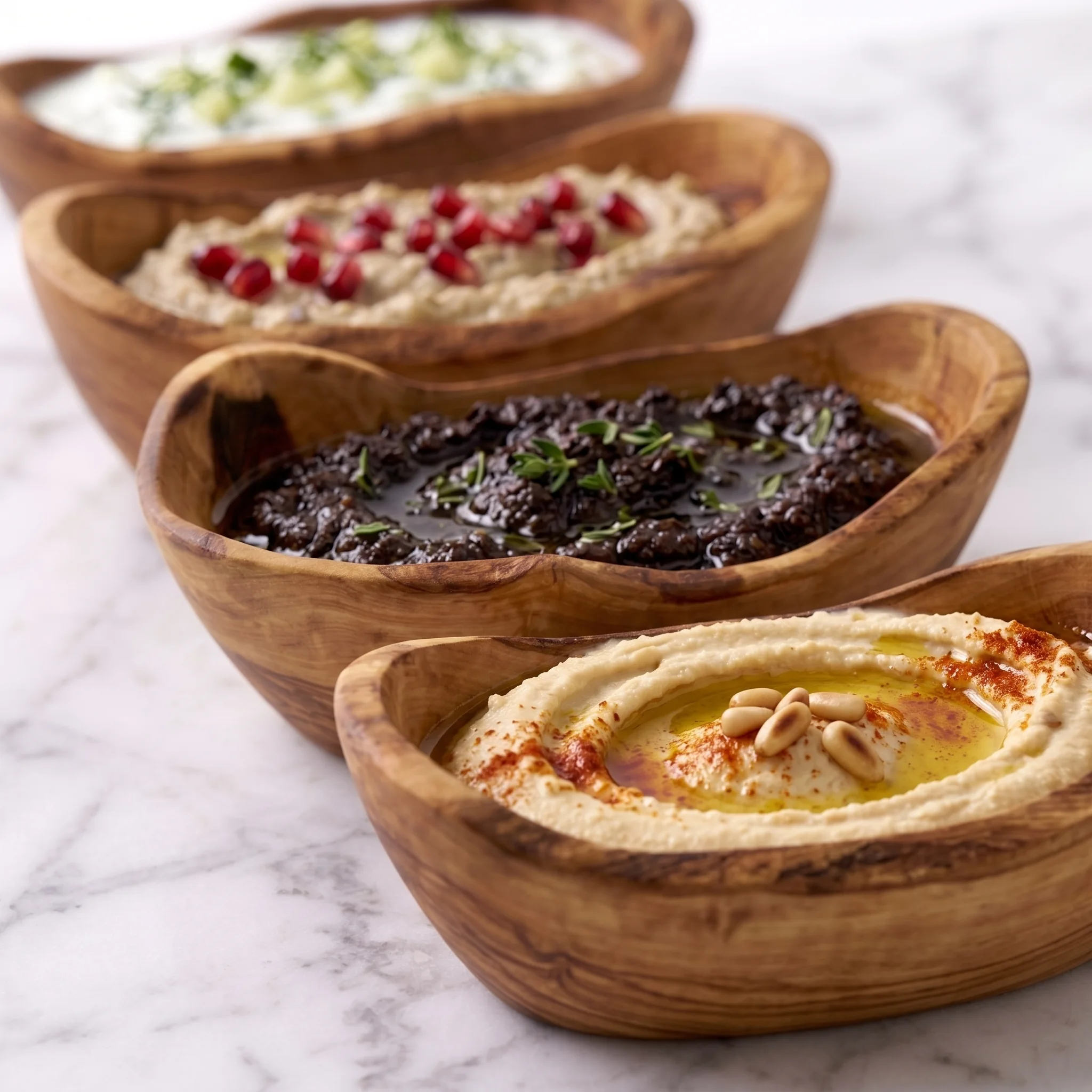 Four olive wood tapas bowls serving hummus, tapenade and other preparations