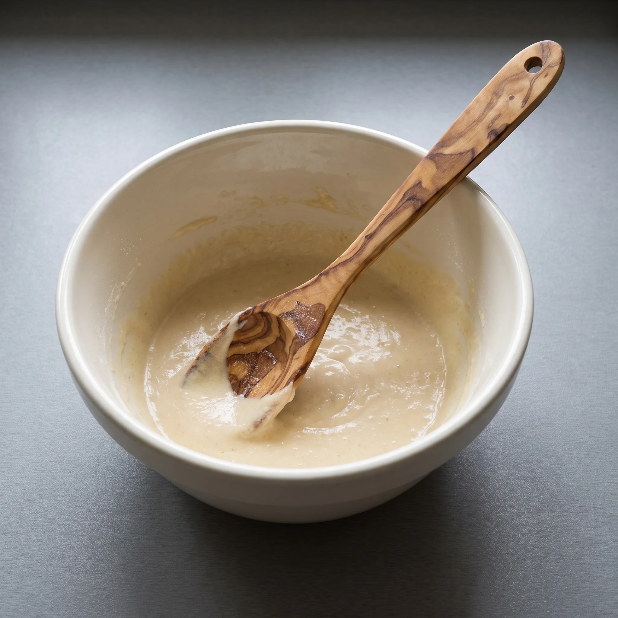 Olive wood spoon mixing a preparation in a bowl