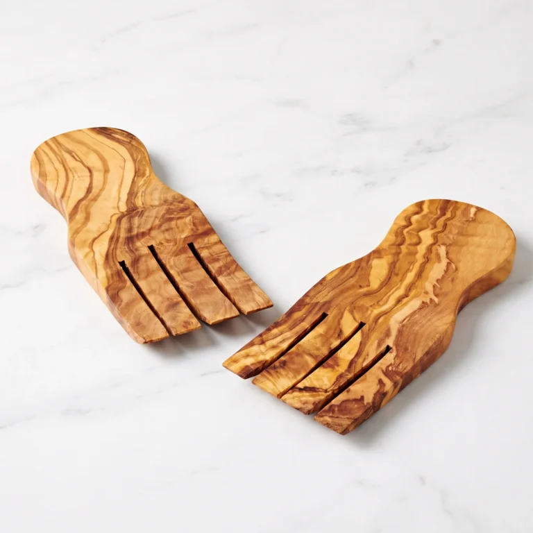 Pair of olive wood salad hands on white marble