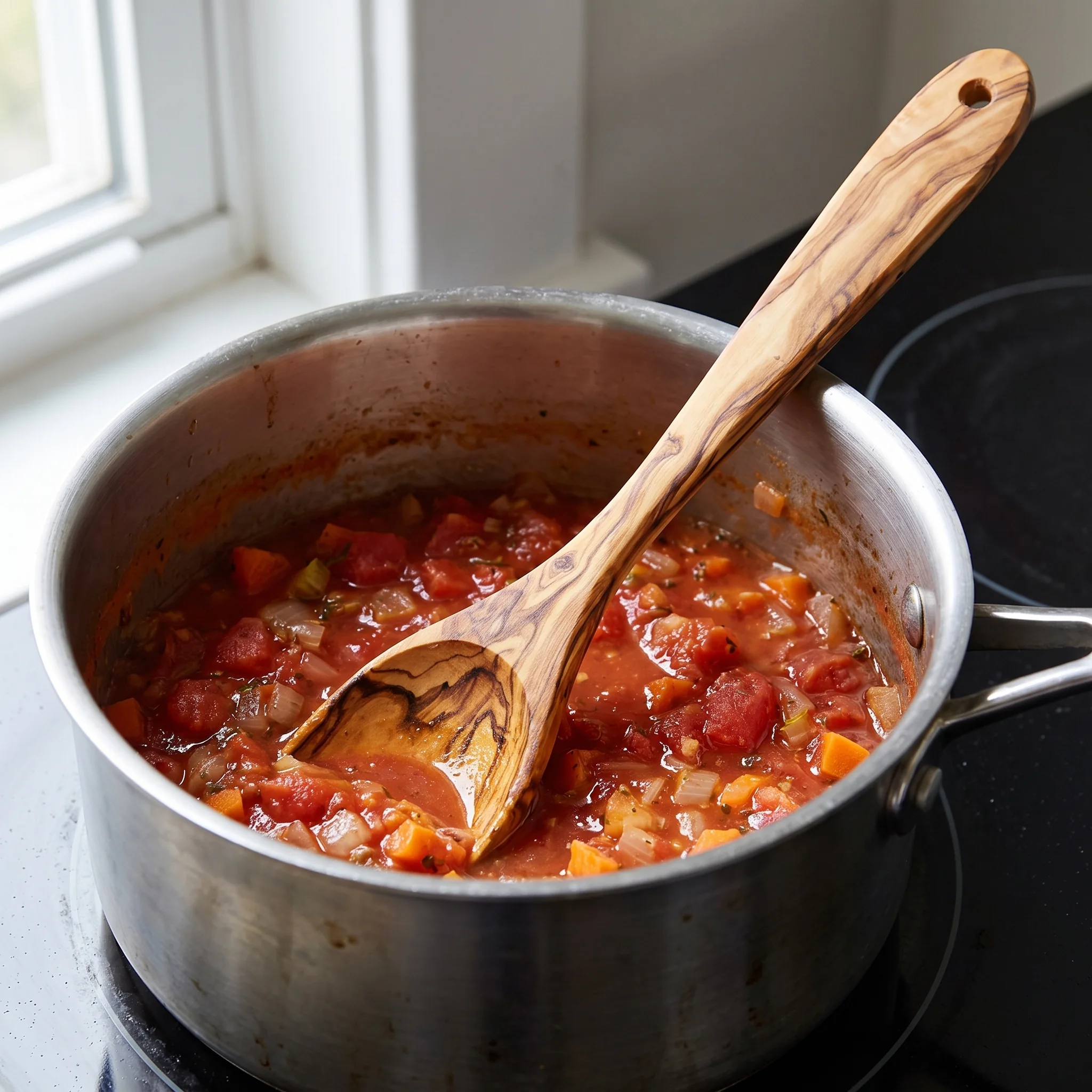 Olive wood mixing spoon in tomato sauce