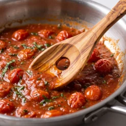 Slotted olive wood risotto spoon used while stirring tomato sauce