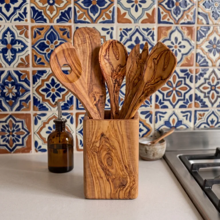 Five utensils in their holder in a kitchen setting