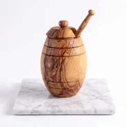 Pot à miel en bois d’olivier avec couvercle et cuillère assortie