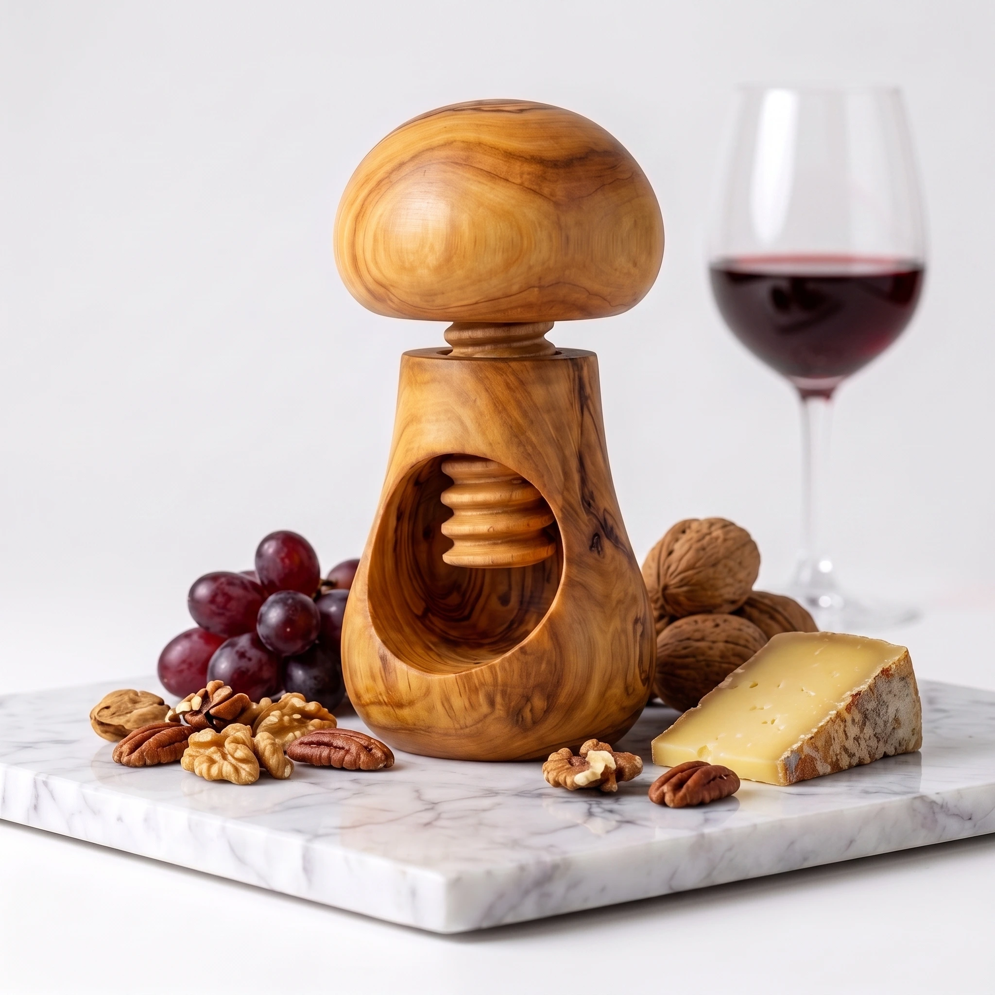 Olive wood nutcracker displayed with nuts, grapes, cheese and a glass of wine