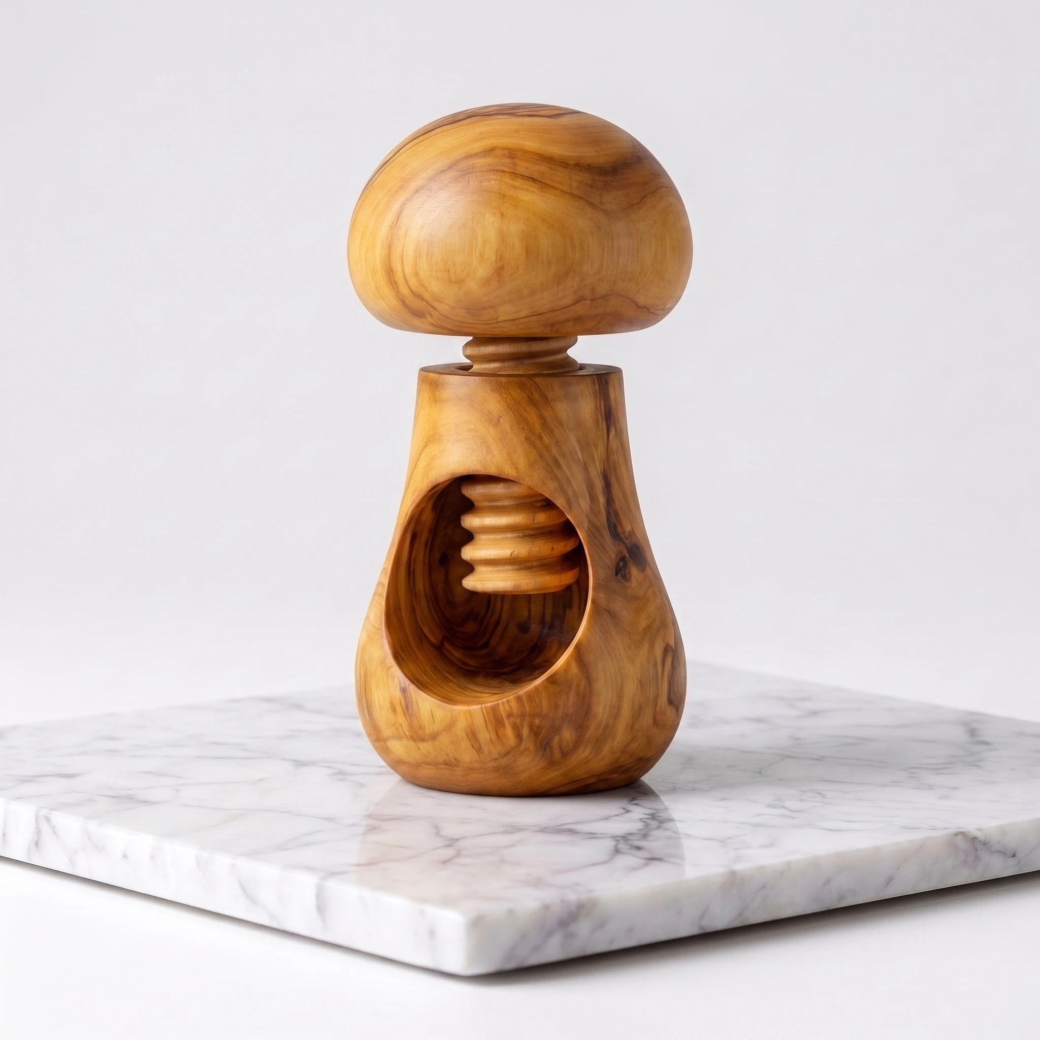 Olive wood nutcracker shown from the front on white marble
