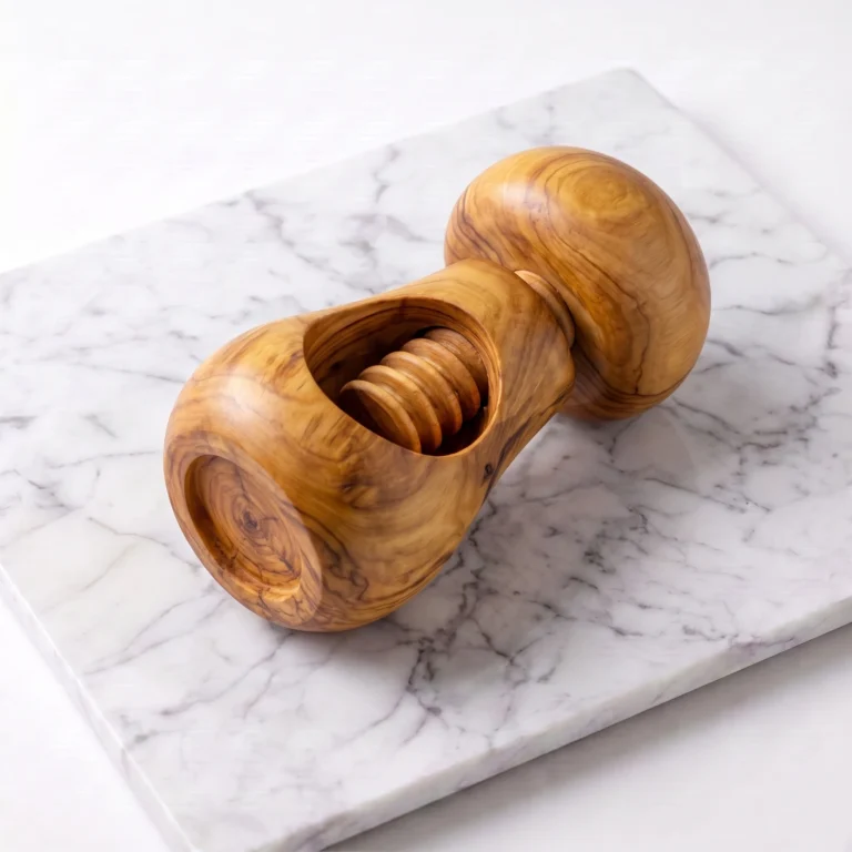 Olive wood nutcracker shown from an angled view on white marble