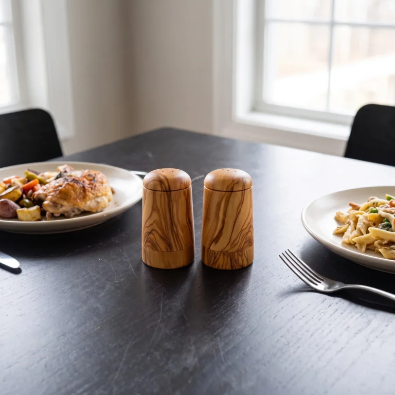 Salière et poivrière en bois d’olivier au centre d’une table dressée