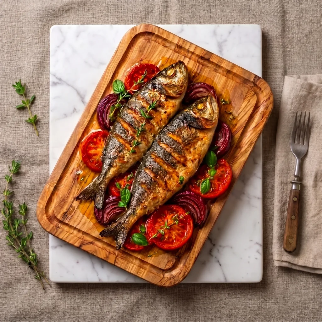 Two grilled fish served on a rectangular olive wood board