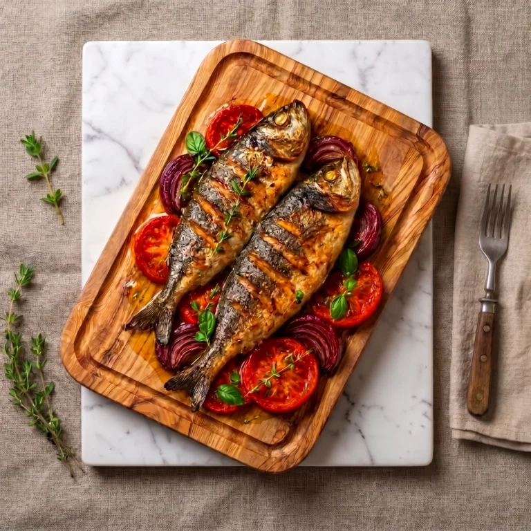 Two grilled fish served on a rectangular olive wood board