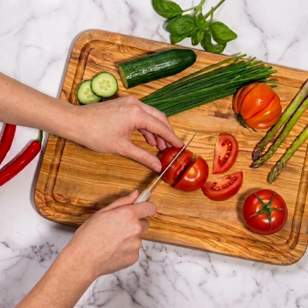 Tomatoes being sliced on a rectangular olive wood cutting board with juice groove
