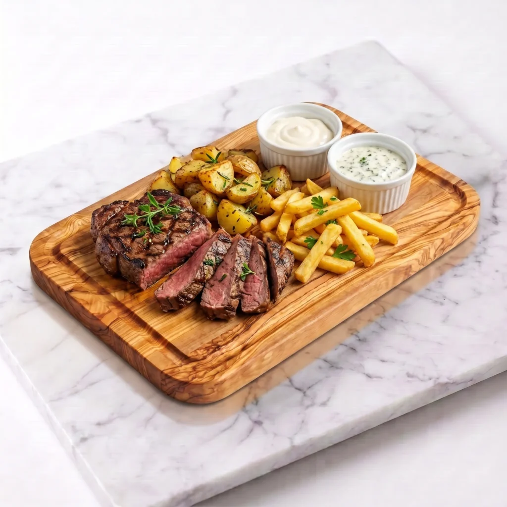 Rectangular olive wood cutting board serving steak, potatoes and fries