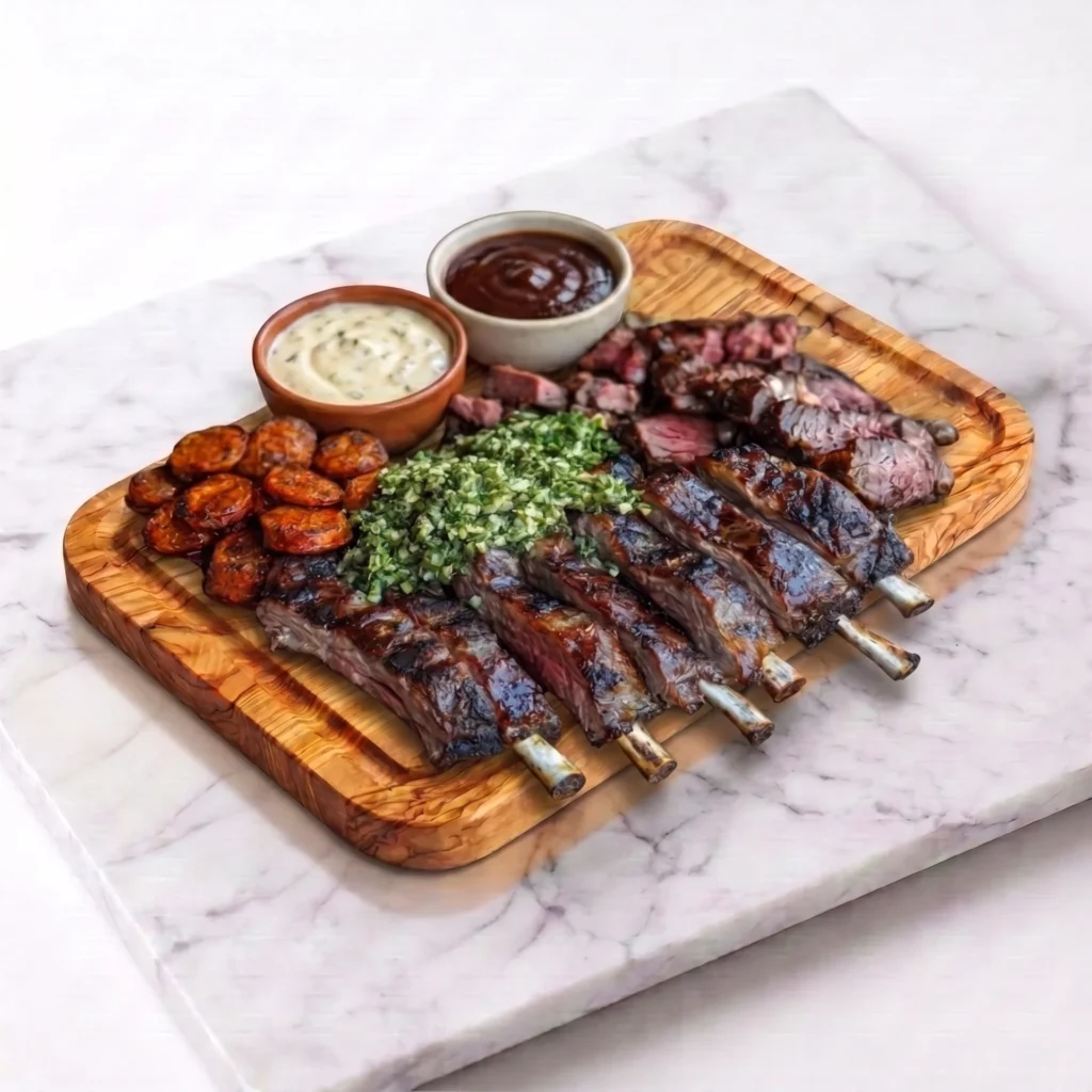 Assortiment de viandes grillées présenté sur une planche rectangulaire en bois d’olivier