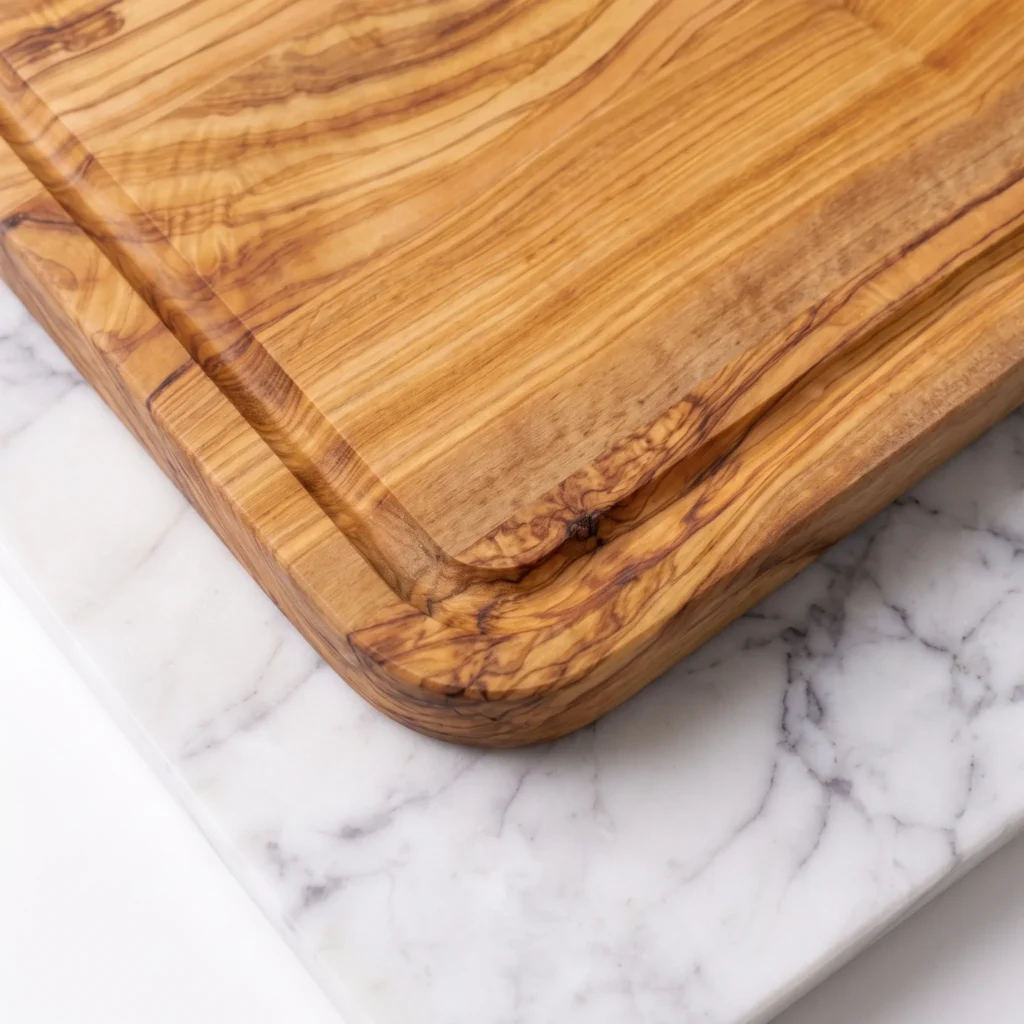 Détail de la rigole et du veinage d’une planche en bois d’olivier