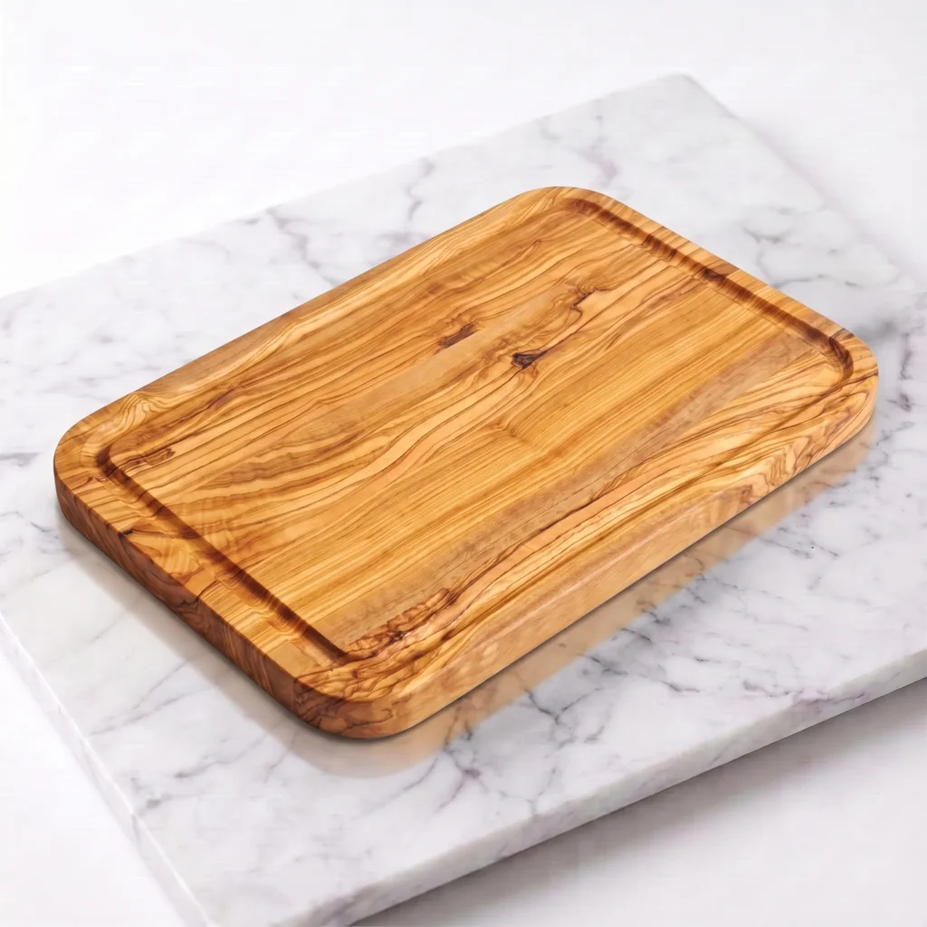 Rectangular olive wood cutting board with juice groove, three-quarter view