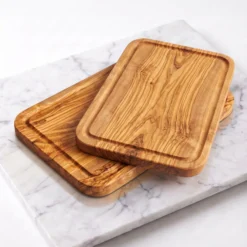 Rectangular olive wood cutting board duo with juice groove, main view