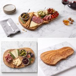 Trois vues de la planche rustique en bois d’olivier incluse dans le coffret