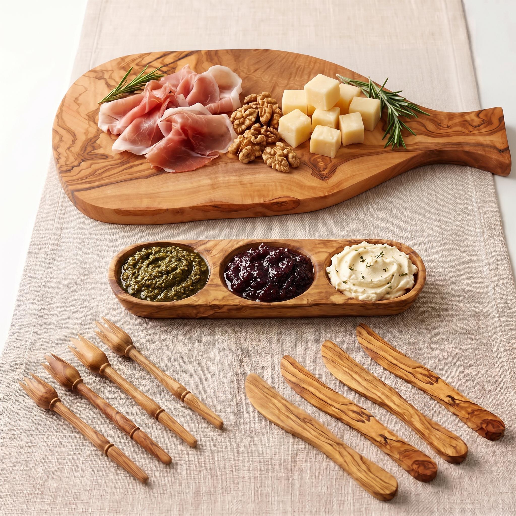 Coffret apéritif 10 pièces en bois d’olivier présenté sur table garnie
