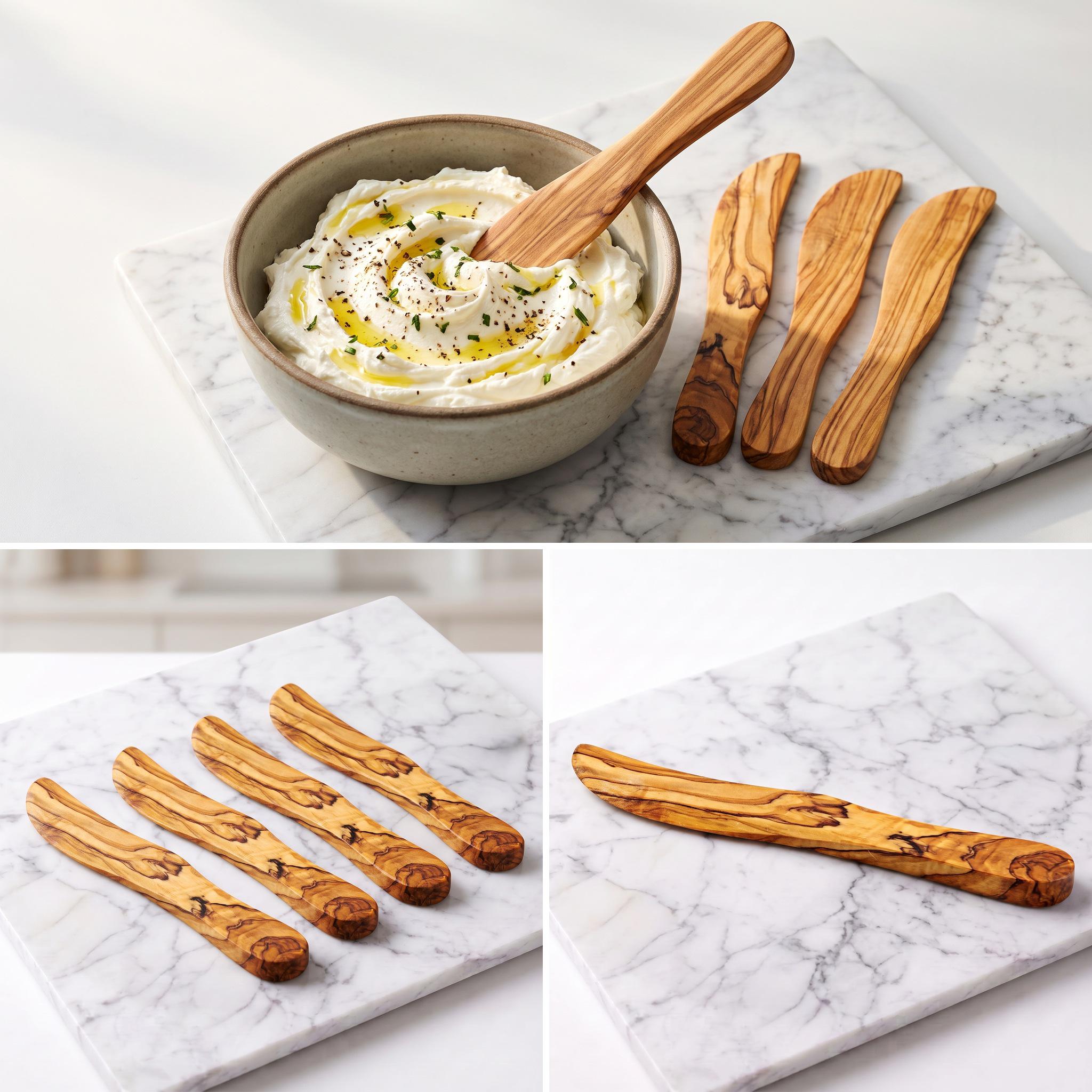 Quatre tartineurs de 18 cm en bois d’olivier du coffret apéritif