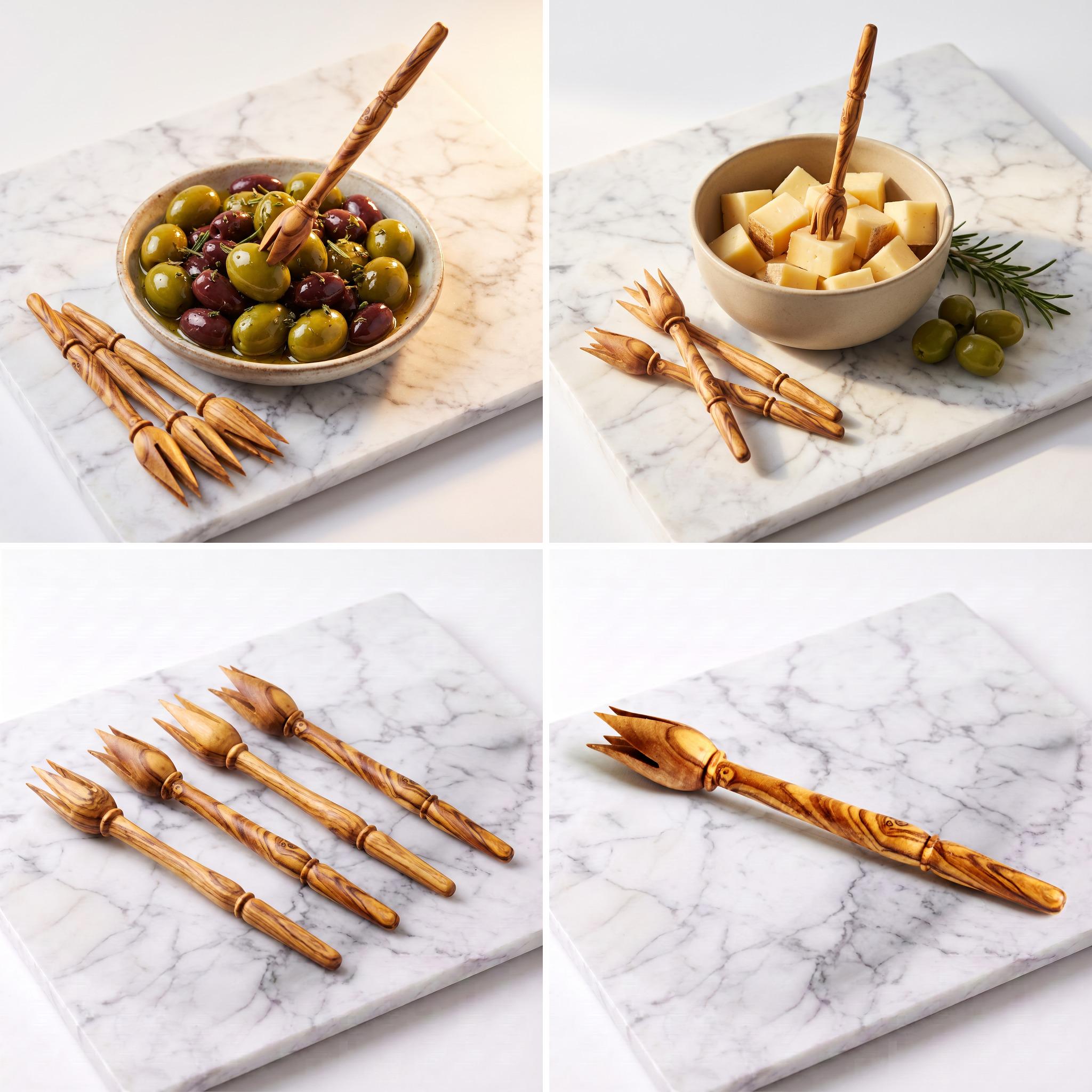 Quatre pics apéritif de 15 cm en bois d’olivier du coffret
